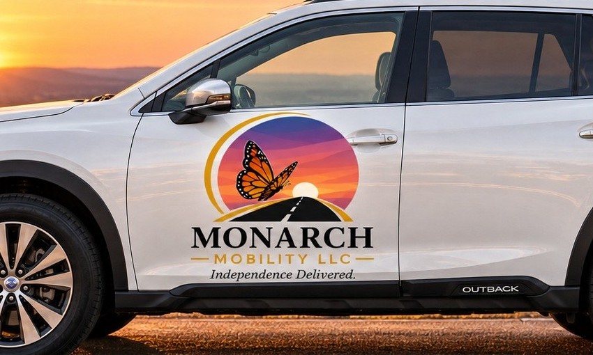Close view of the Monarch Mobility logo on the front door of the white Subaru Outback.